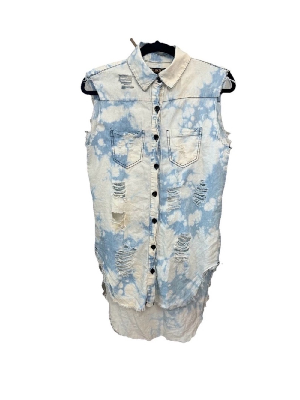 Sleeveless Distressed Tie-Dye Denim Tunic - Blue and White